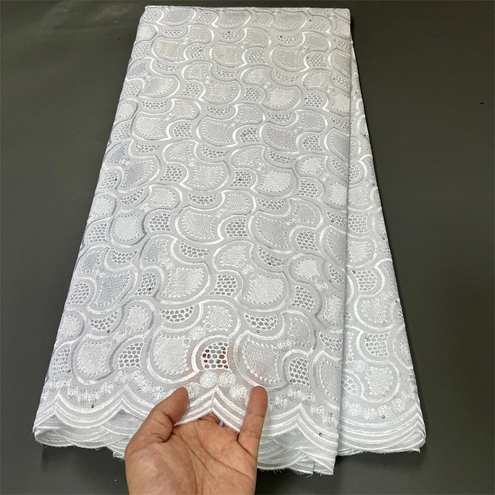 

2023High Quality Nigerian African Tulle White Cotton Embroidery Party Wedding Lace Fabric Dress Damask Sequins5Yard Fashi Hz1243