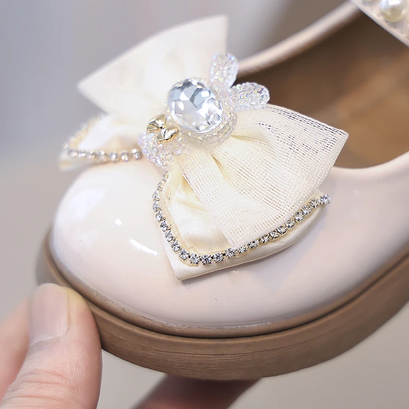 New Girls Leather Shoes with Rhinestones Bear PU Simple Non-slip Children Fashion Princess Shallow Loafers Drop