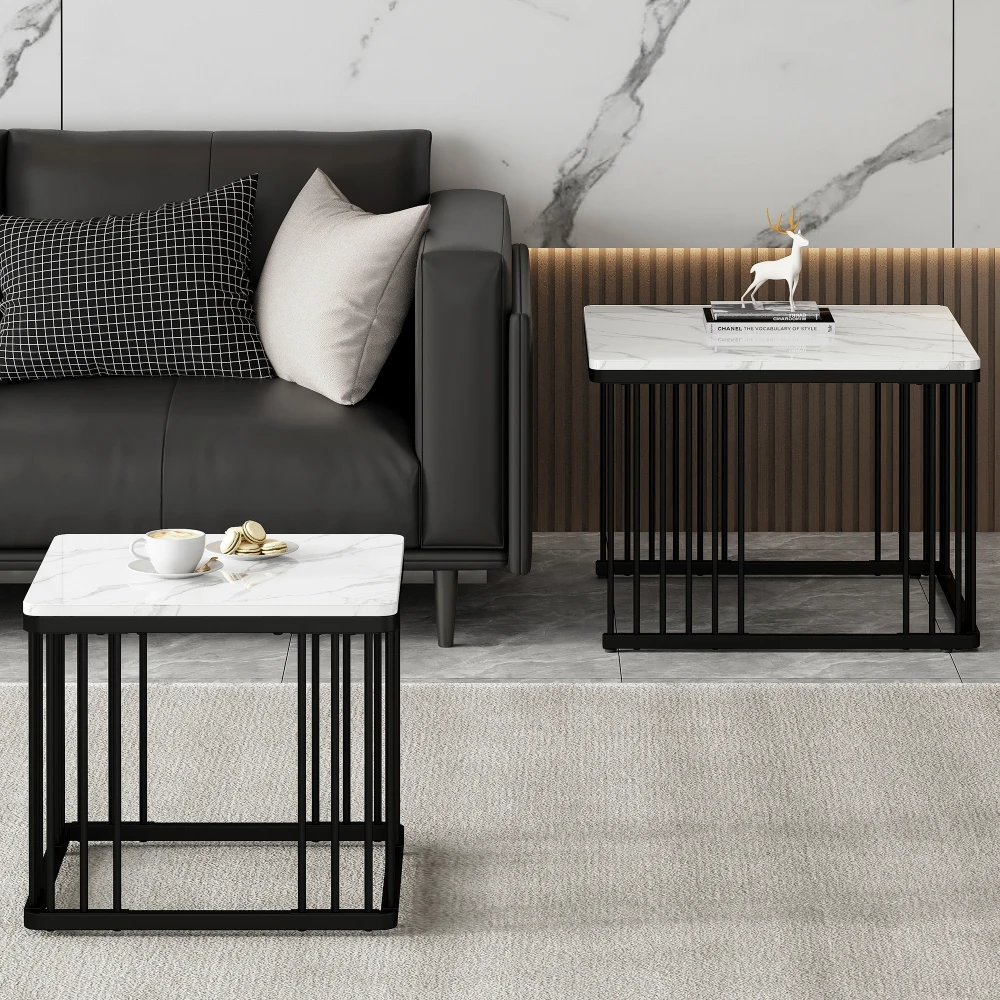 2 Sets quadratische Couchtische mit Hochglanzmarmoroptik, Schiebetische mit goldenen Beinen, 70 x 70 x 45 cm und 50 x 50 x 36,5 cm, vielseitig einsetzbar – Detail 28