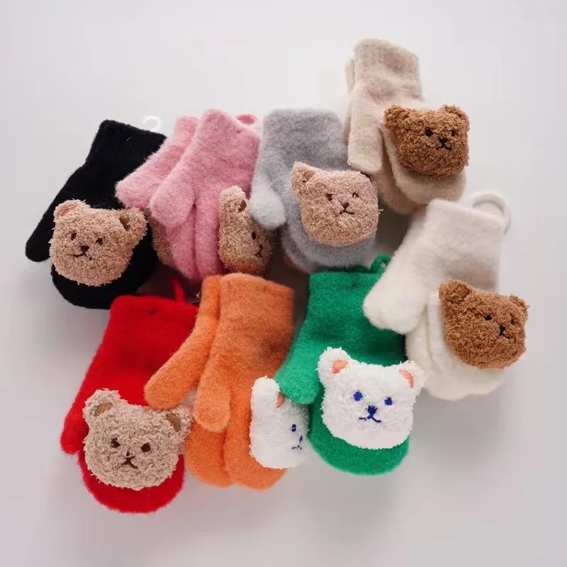 1-4Y Cartoon Bear Baby Mittens Winter Warm Kids Baby Girl Gloves Knitted Children Toddler Thick Teething Mitten Handschoen