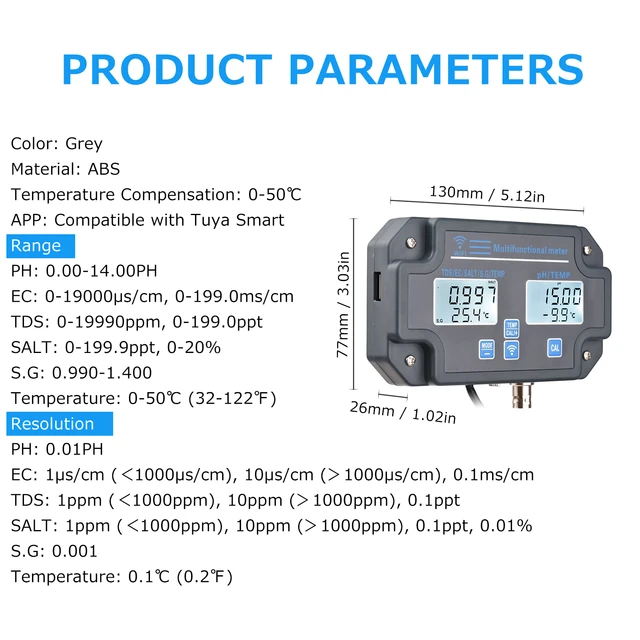 TDS Meter, 6 in1 PH EC SG Salt Temperature WiFi APP Alarm 0-19990ppm Water  Quality Tester, 0-199.9ppt 32-122°F Electronic Water Tester for Drinking