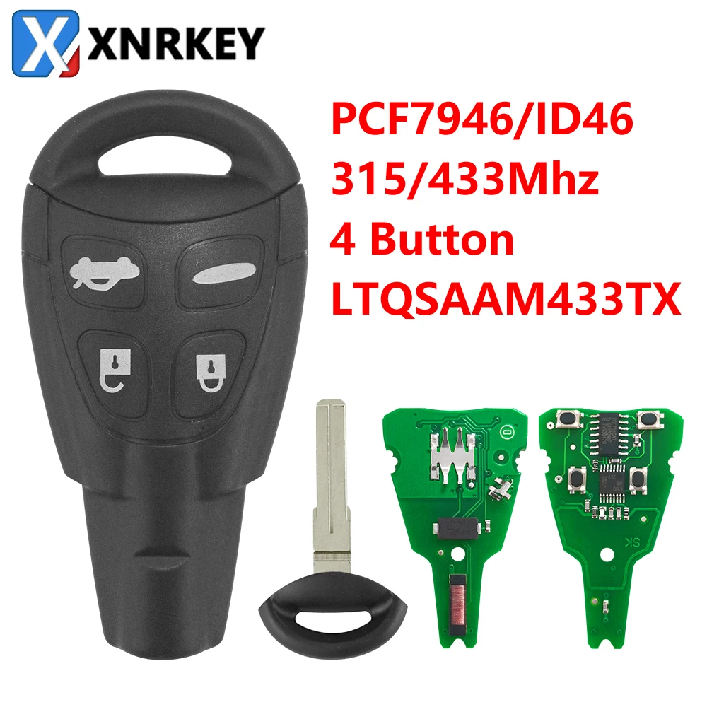 XNRKEY 4 Button Remote Key ID46/PCF7946 Chip 315/433Mhz for Saab 9-3 9-5 2003-2010 Replacement Smart Car Key FCC: LTQSAAM433TX