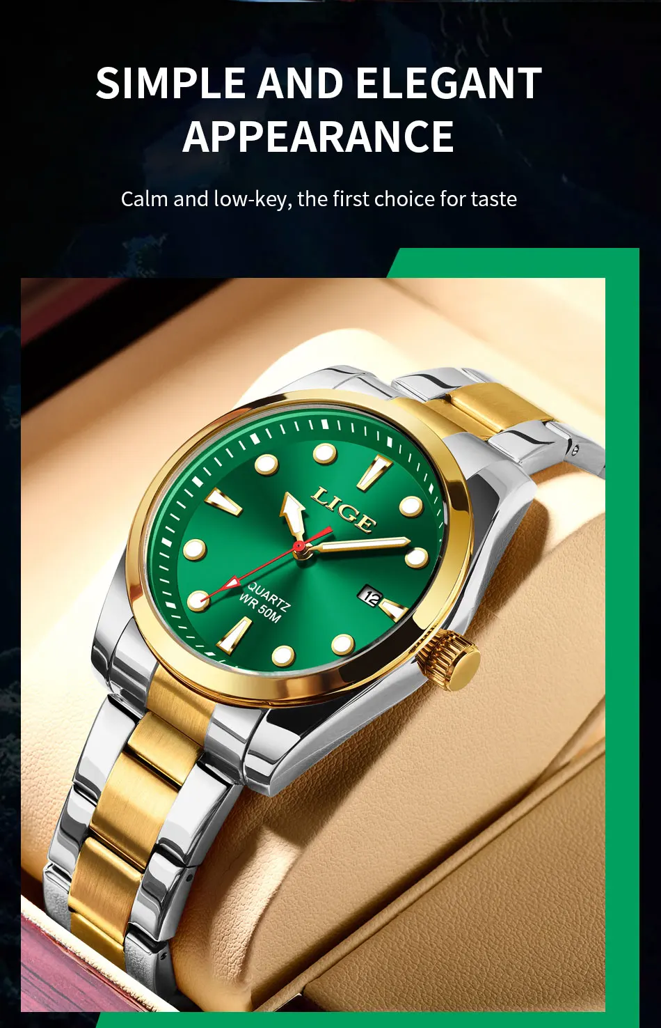 אופנה lige מותג יוקרה שעונים 50 מ 'מואר עמיד למים שעון ספורט ירוק נירוסטה mens שעונים תאריך קוורץ