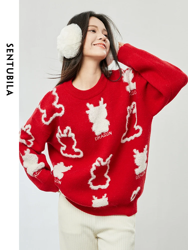 

SENTUBILA Red O-neck Knitted Sweater Cartoon Dragon Embroidery Lazy Style Pullover 2024 Spring Women's Long Sleeve Top W34E52659