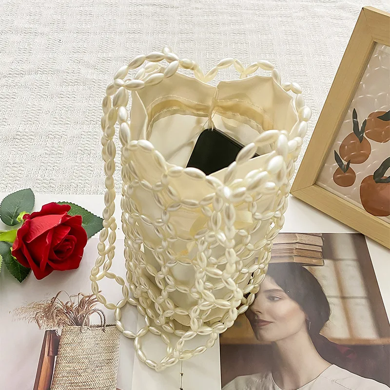 Women Woven Hand Bag Exquisite Hollow-out Wooden Bead Tote Bags Handmade Bucket Shoulder Bag Female Summer Beach Casual Handbag