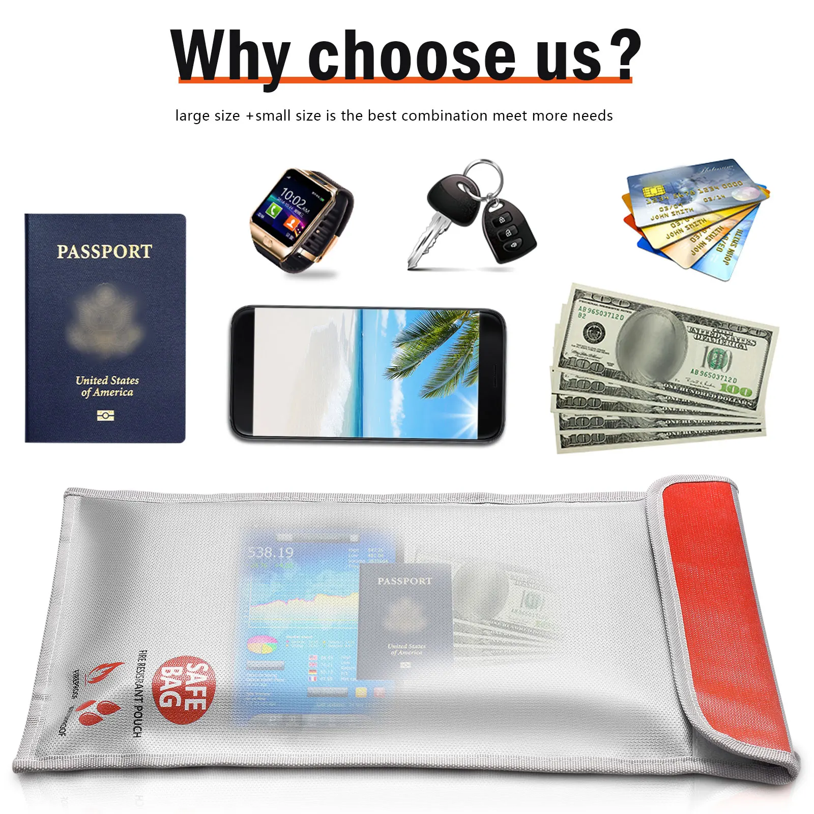 7"X11" fireproof Fire Resistant Document Bag Safe Storage Cash Jewelry Passport 