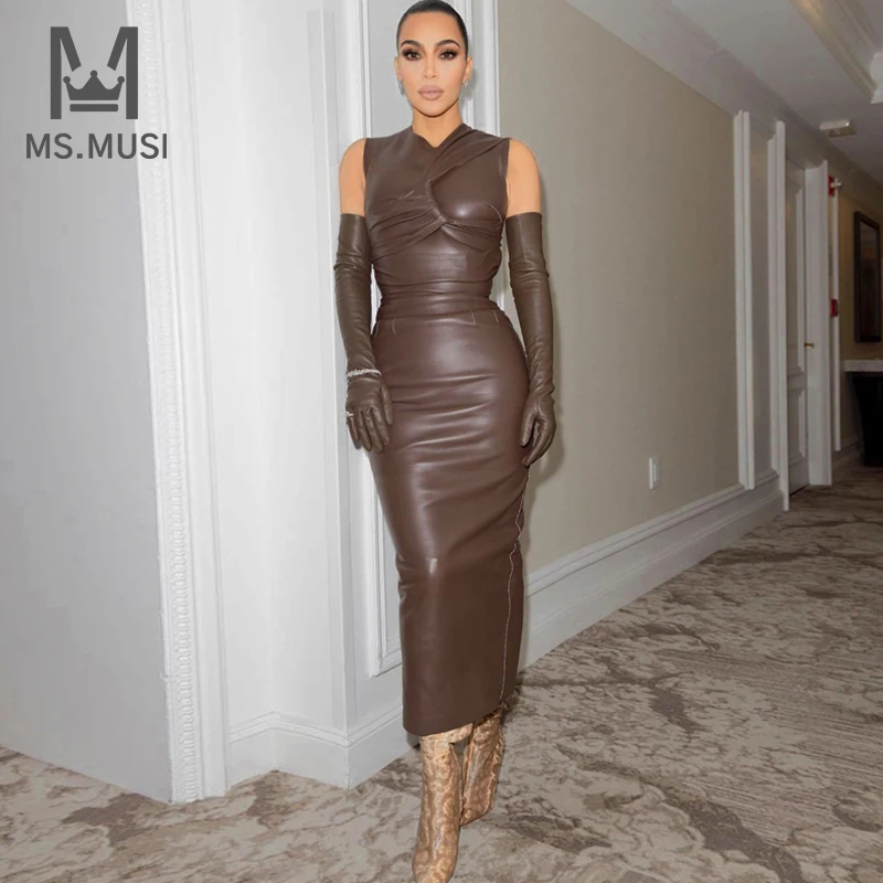 

MSMUSI 2022 New Fashion Women Sexy O Neck PU Leather Bow Draped Sleeveless Fold Bodycon Party Club Midi Dress Celebrate Vestidos