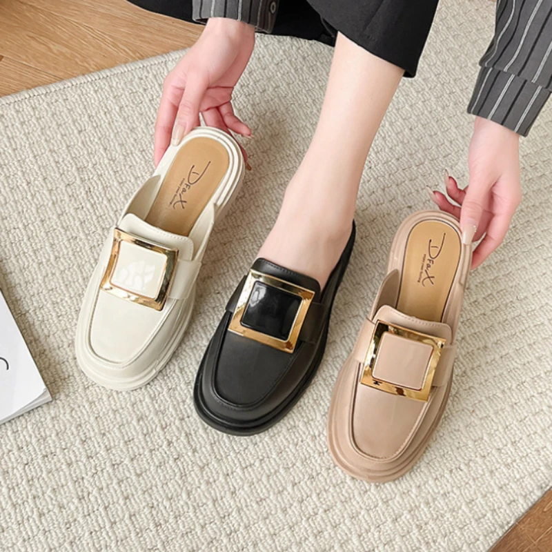 

Женские мюли с квадратной пряжкой, Повседневные тапочки, модные однотонные, уличные тапочки с круглым носком, весна-осень