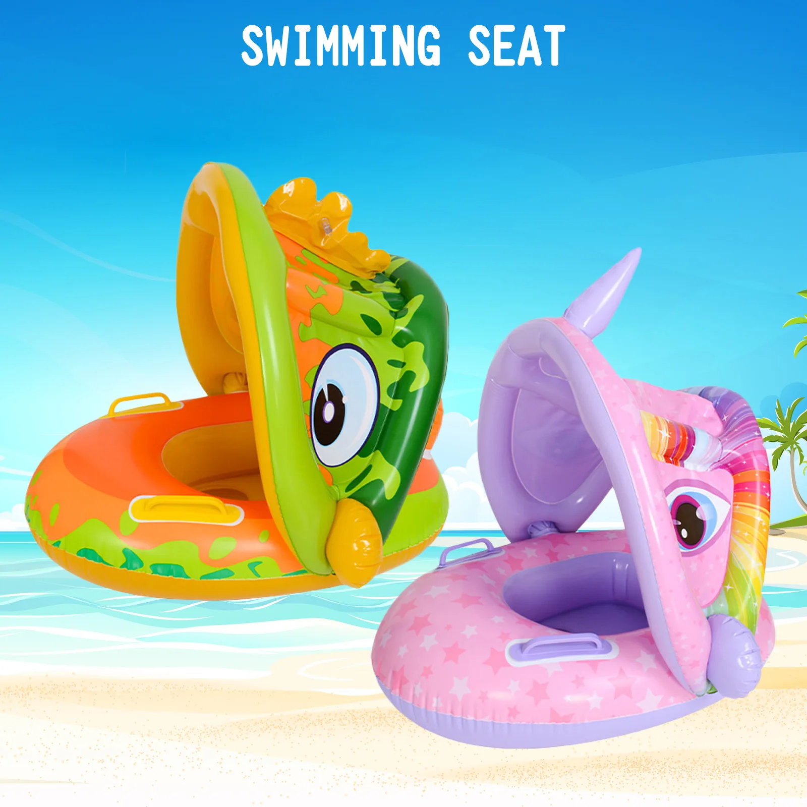 Kids Baby Inflatable Swim Ring Float Seat Cartoon Swimming Seat with Sunshade Awning Fun Pool Toys for Swimming Pool Bathtub