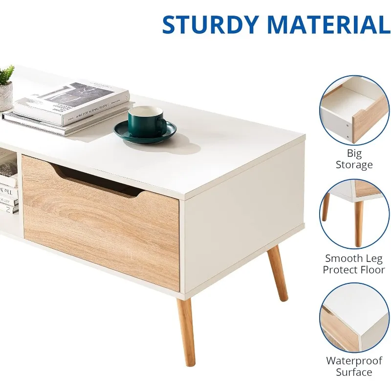 Modern Wooden Cocktail Mid Century ModernCoffee Minimalist HallwayTable with Storage for LivingRoom Apartment Reception, White 6