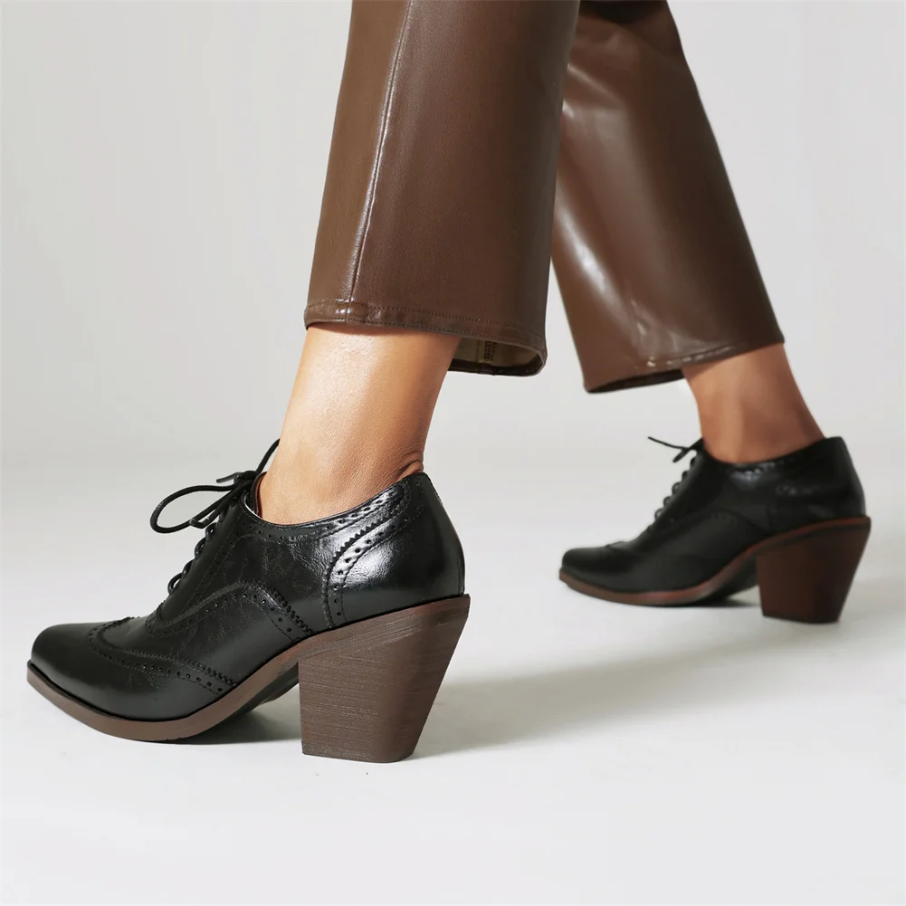 Plus Size 48 New Ladies Solid Oxfords Pumps Fashion Buckle Lace-up Chunky High Heel women's Pumps Party Office Retro Woman Shoes