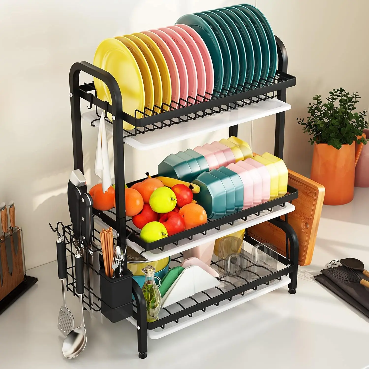 Drying Rack, Metal 3-Tier Large Capacity Dish Rack with Utensil Holder, Cutting Board Holder, Drain Board Tray