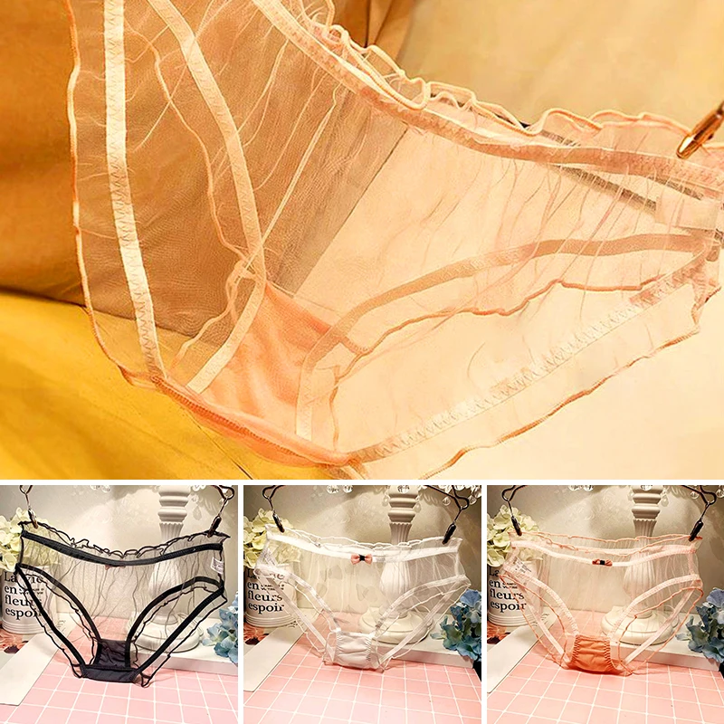 

Sexy Transparent Lace Panties Summer Thin Bow Ruffles Cotton Crotch Briefs Panties Women's Girls Low Waist Hip Lifting Panties