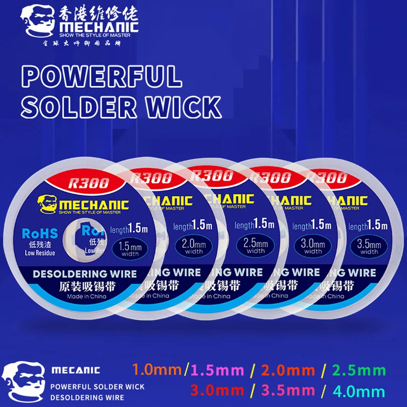 MECHANIC R300 1.0 1.5 2.0 2.5 3.0 3.5 4.0MM 1.5M Solder Wick Remover Desoldering Wire Desoldering Braid BGA Soldering Tools desoldering braid