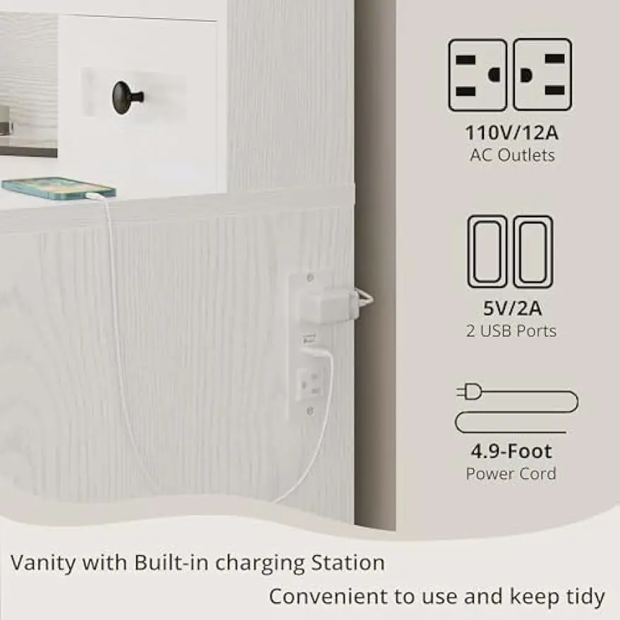 Vanity Desk with LED Lighted Mirror, Large Storage Makeup Vanity Table with 5 Drawers, Cabinet, 7 Open Shelves, Power Outlet