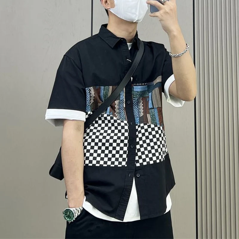 Summer New Turn-down Collar Fashion Short Sleeve Shirt Man High Street Casual Loose Button Cardigan Y2K Printing All-match Tops