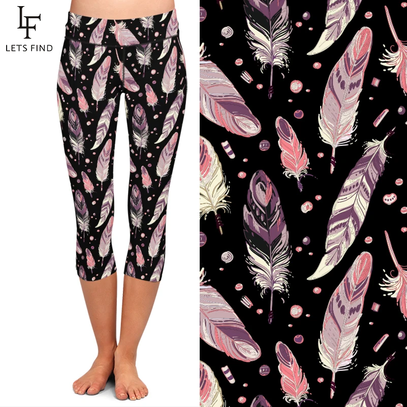 LETSFIND Summer Fashion Women Elastic Capri Legging Feather Ptint High Waist  Mid-Calf 3/4 Stretch Fitness Leggings