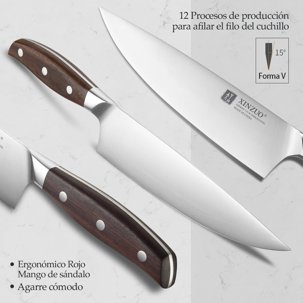 Juego de cuchillos de cocina con bloque: 8 cuchillos alemanes de acero  inoxidable 1.4116 de alto carbono, mango ergonómico de sándalo con diseño