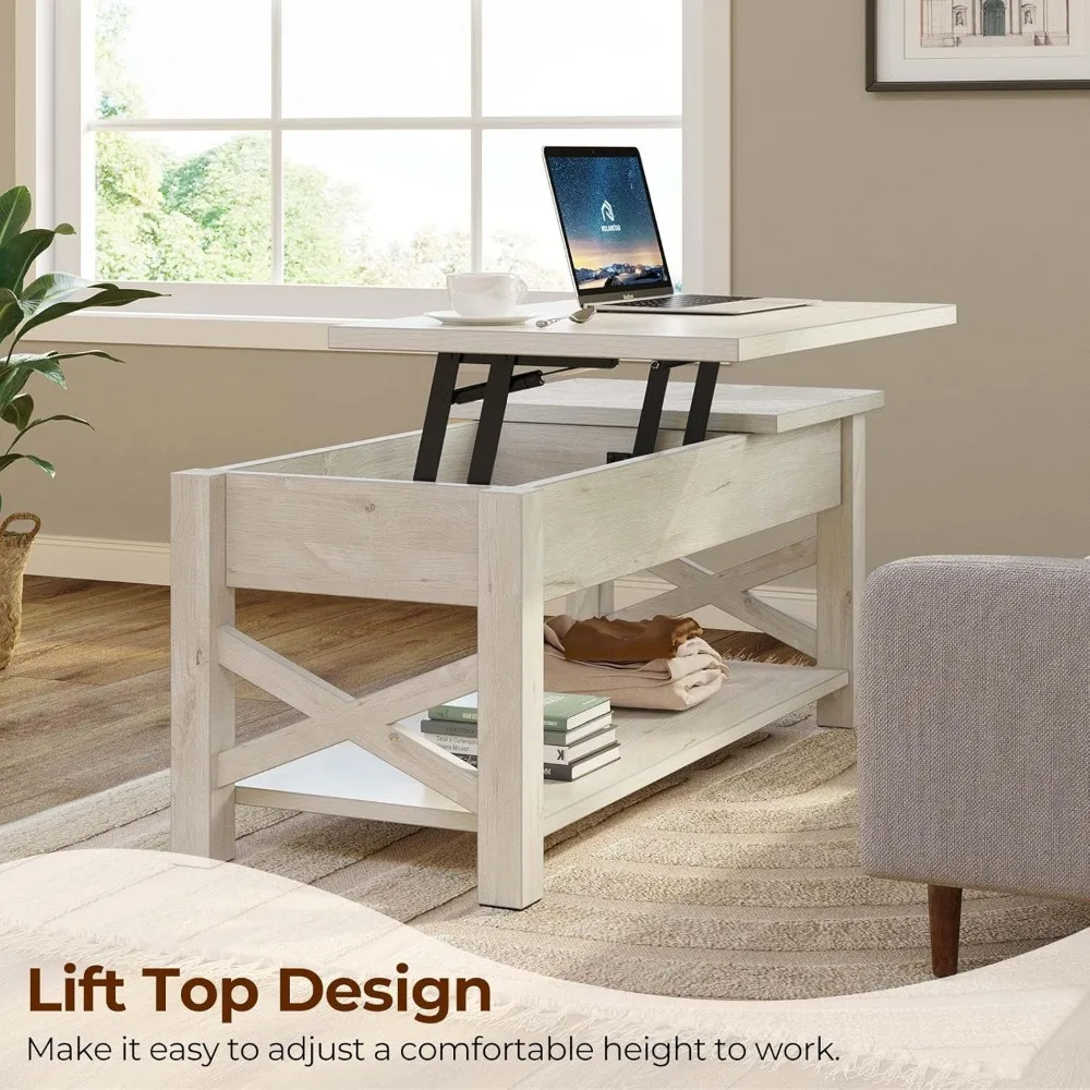 Coffee Table 47.2", 2 Way Lift Top Farmhouse Center Table with Hidden Compartment, Open Shelf & X Wooden Support for Living Room 6