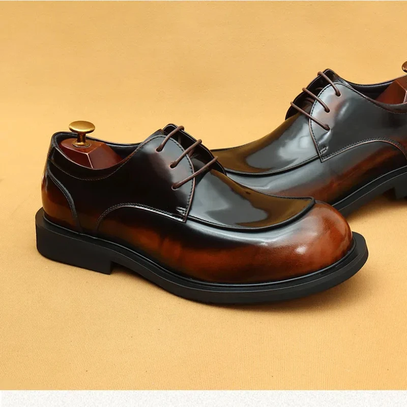 Men's business lace up casual leather shoes British big toe shoes cowhide patent leather round toe derby Retro men's