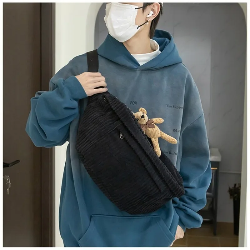 Crossbody Bag Fashion Corduroy Unisex Retro Simple Large Capacity Solid Color Zipper Chest Bag Personality Trend Design Handbags