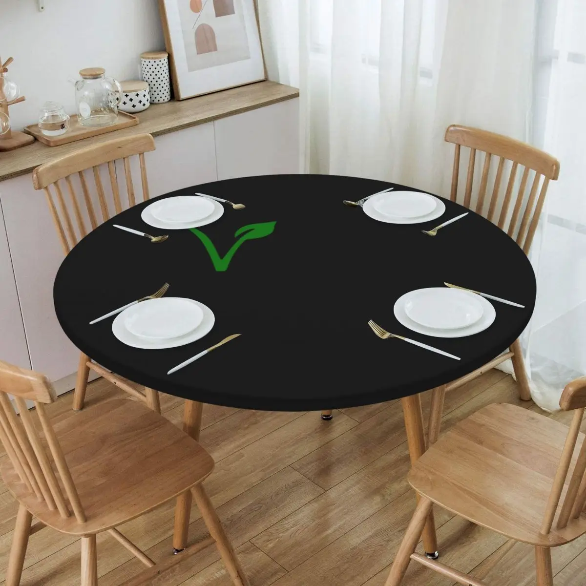 

Round Waterproof Classic Vegan Logo Table Cover Fitted Powered By Plants Table Cloth Backing Edge Tablecloth for Picnic