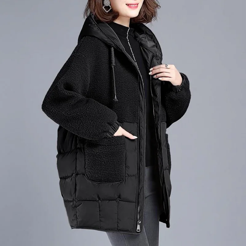 

Autumn New Parkas Jackets Female Women Plus Size Lamb Teddy Splicing Hooded Coats Cotton Winter Jacket Womens Outwear Coat