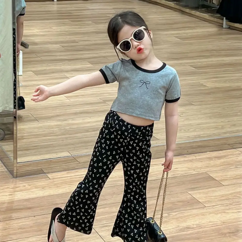 Two Pieces Set Wide Leg Pants Children Sports Set Y2K Letter T-shirt Pants Wear Suit Bow Teenagers Girls Clothes Set Summer