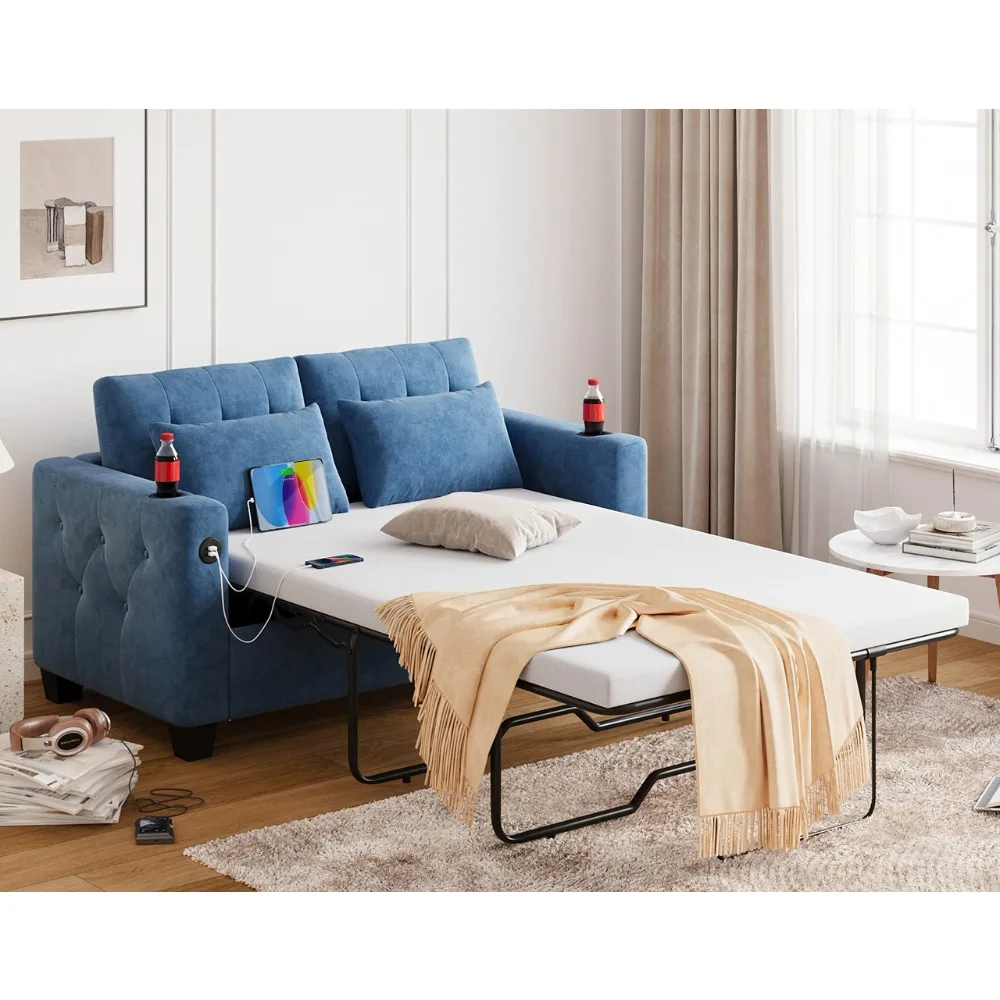 

2-in-1 Convertible Sleeper Couch with Memory Foam Mattress and Solid Wood Bed Frame, Two Seat Loveseat Sleeper Sofa Bed