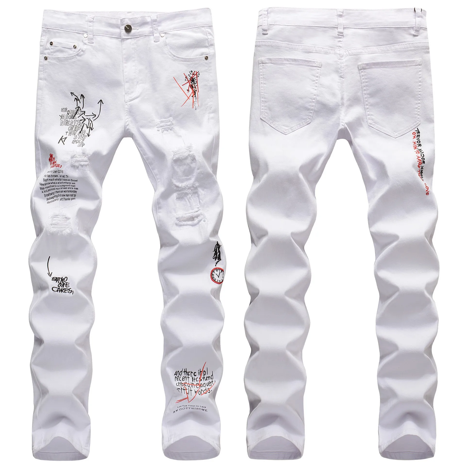 2023 Male Hip Hop Youth Streetwear Jeans Fashion Casual Style Men Denim Pants New Tide Graffiti-Art Ripped Cargo Jeans White