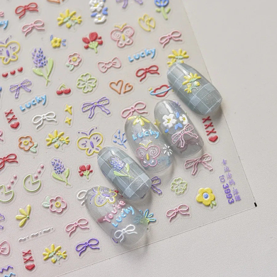 

1pcs Color Cherry Bow Flower Nail Art Sticker Relief Self Adhesive Nail Stickers Kawaii Accessories Lucky Graffiti Nails Tattoo
