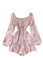 Korean New Spring Summer Women's Jumpsuit Dress V-neck Puff Sleeves Sweet Folds Slim Slimming Floral Wide-leg Shorts UK770 - Image 6