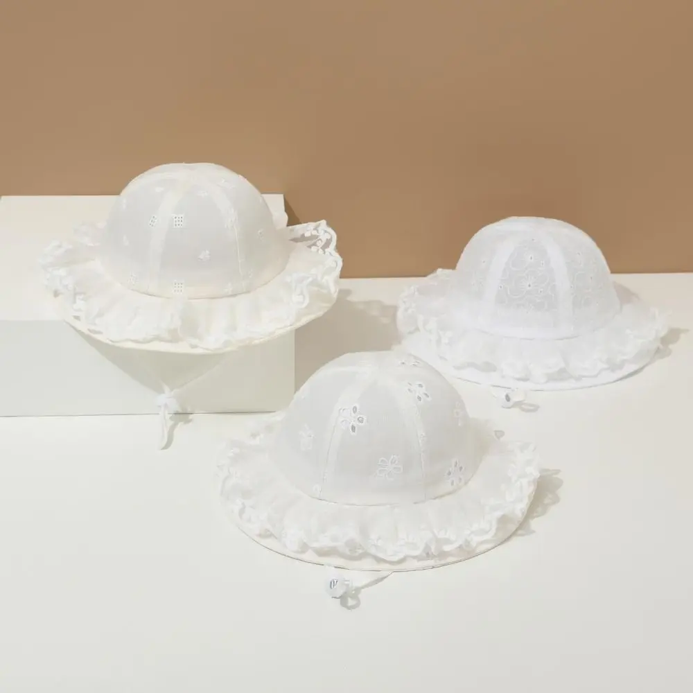 Fashion Sweet White Lace Bucket Hat Princess Sunscreen Toddler Sun Hat with Rope Ruffle Baby Fishermen Hat Beach