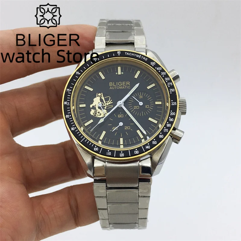 BLIGER Mechanical Automatic Watch 40mm Black Blue Red Dial Date Indication Dome Glass Steel Bracelet Waterproof Watch For Men