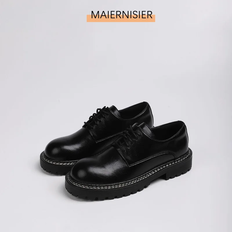 

2023 Spring and Autumn Round Head Retro Single Shoes Women Thick Sole Black Lace Up College Style Lefu Women Shoes