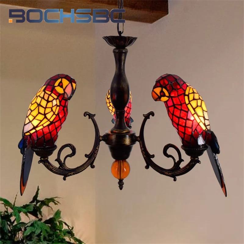 

Витражное стекло в стиле Тиффани BOCHSBC, птица с красным попугаем, Подвесная лампа для гостиницы, виллы, гостиной, столовой, коридора, подвесной светильник для декора