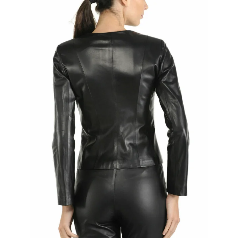 Women Genuine Leather Top Coat Sheepskin Stylish Classic Slim Fit Collarless Zippered Leather Jacket