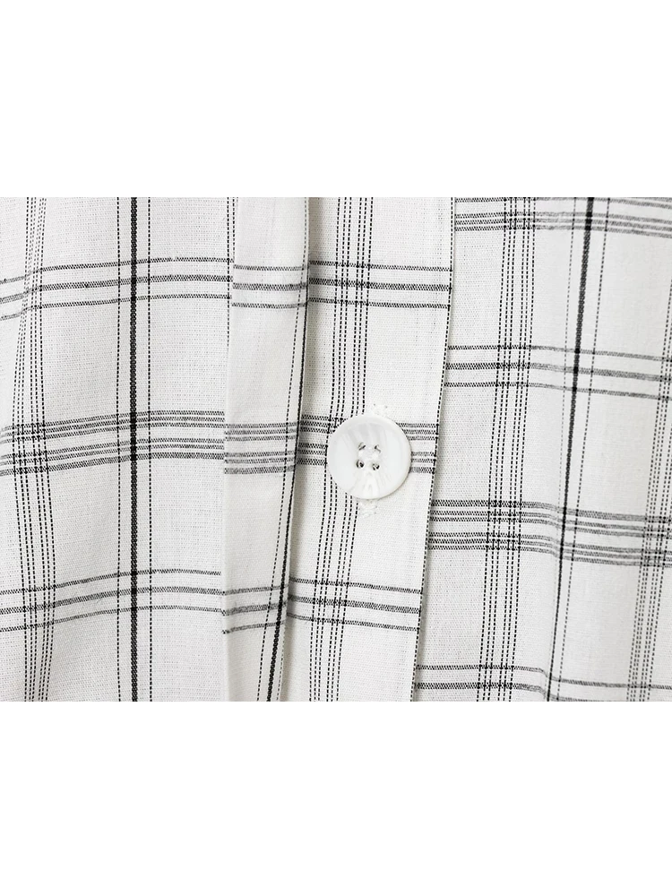 TFMLN 2025 Women's Long Sleeve Thin Shirt Plaid Single Breasted Loose Top Versatile Outerwear Stand Collar Waist Lace Up Shirt