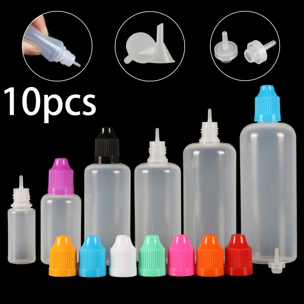 10PCS 5ml-120ml Empty Dropper Bottles LDPE Squeezable Eye E Liquid Juice Container CRC Cap Long Dropper Tip + Funnels