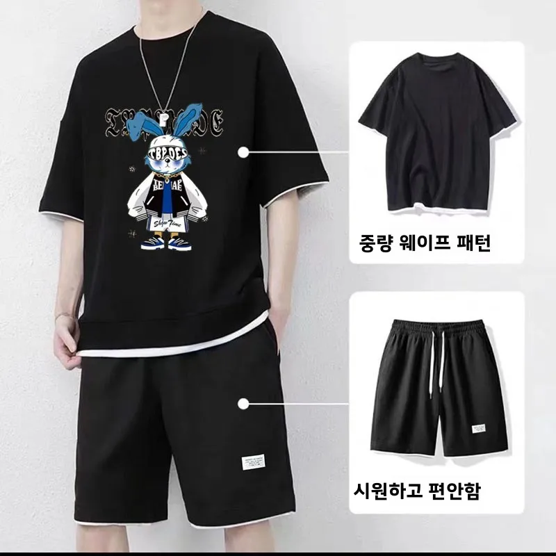큰 사이즈 남성 캐주얼 스포츠웨어 세트 반팔 티셔츠 및 러닝 반바지 5부 폴리에스터 섬유 여름 패션