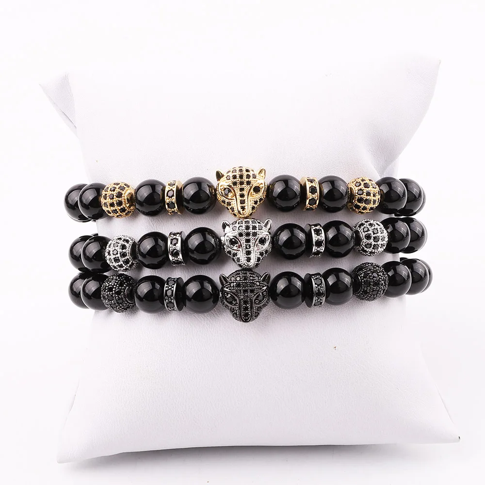 

New Fashion Luxury CZ Pave Leopard Charm Natural Black Agate Stone Elastic Bracelet For Men Jewelry