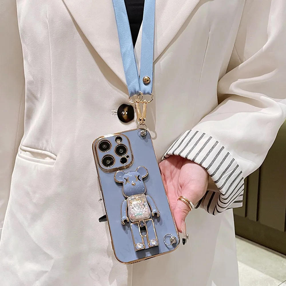 3D Sabbie Mobili Orso Titolare Del Braccialetto Della Cinghia Cordino Cassa Del Telefono Per Il iphone 15 14 12 Pro Max MiNi 11 13 XS XR 7 8 Più Placcatura_voghion.com