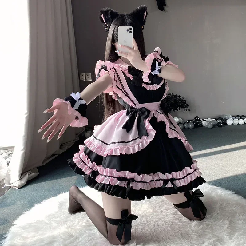 Sweet Black and Pink Maid Costume Cos Costume Lolita Soft Girl Dress Anime Heavy Industry Maid Lolita Short Skirt
