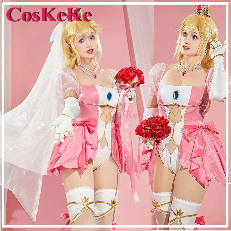 

CosKeKe Game Peach Princess Cosplay Costume Sweet Elegant Pink Wedding Dress Women Halloween Party Role Play Clothing S-XL New