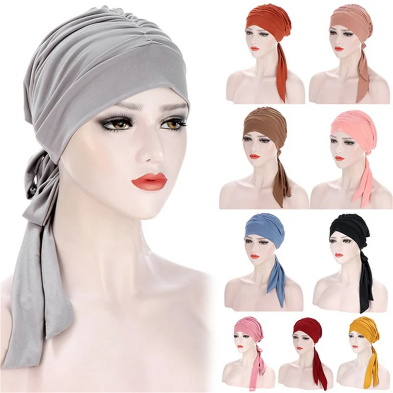 

Muslim Women Stretch Solid Wrinkle Turban Hat Cancer Chemo Beanies Caps Pre-Tied Scarf Headwear Headwrap Plated Hair Accessories