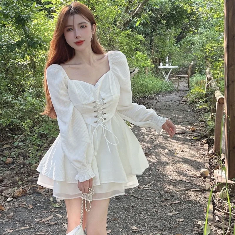 Women Spring Autumn Simplicity Office Lady Solid Color Square Collar Long Puff Sleeve Ladies Elegant Temperament A-line Skirt 4