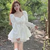 Women Spring Autumn Simplicity Office Lady Solid Color Square Collar Long Puff Sleeve Ladies Elegant Temperament A-line Skirt 4