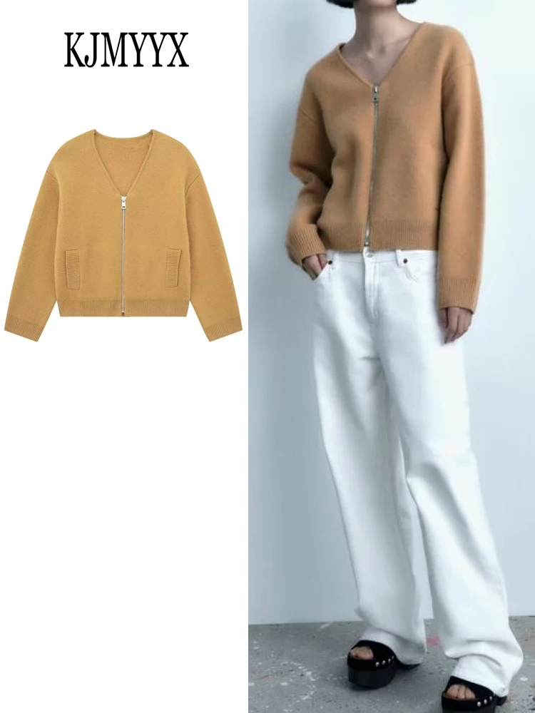 

KJMYYX 2023 Autumn Women Fashion Loose Bomber Jacket Coats Solid Short Tops Female Vintage V-Neck Long Sleeve Tops