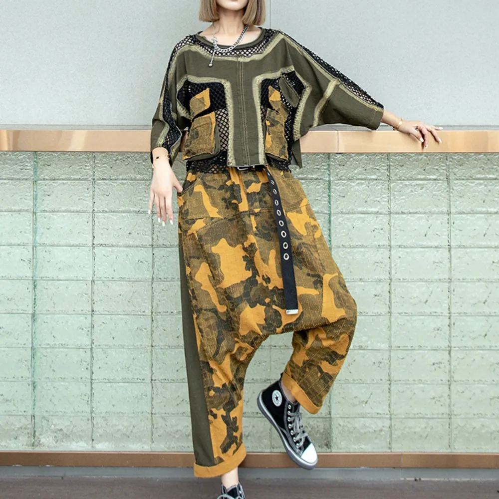 

Cool Fashion Pant Set Women 2024 Spring Summer Denim Panel Mesh Camo Short Sleeve T-shirt + Crotch Trouser Two Piece Set LX873