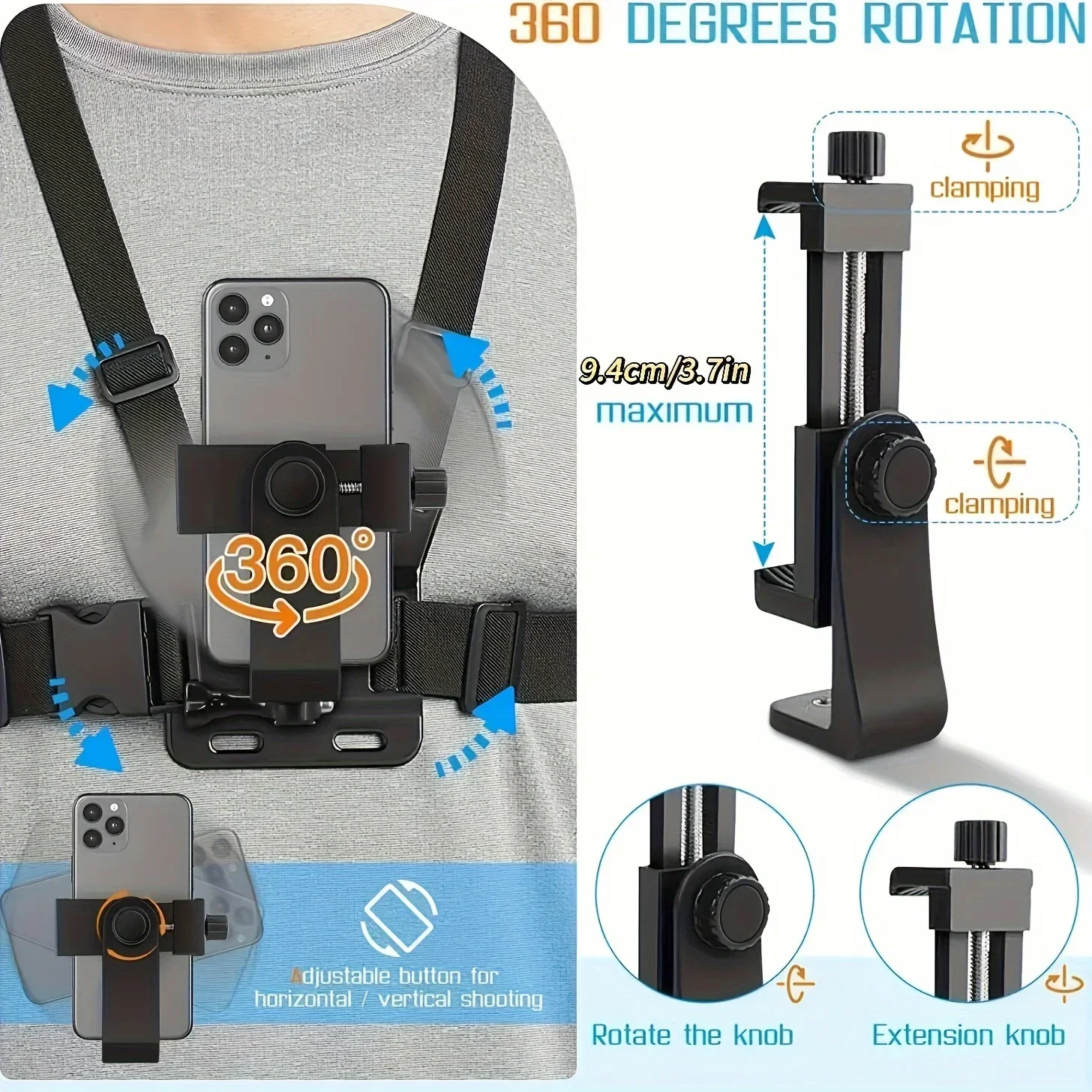 Adjustable Phone Clip Holder with Chest Strap for Sport Camera